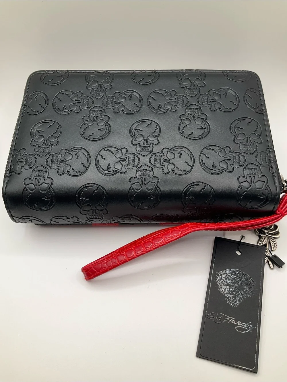 NWT Ed Hardy Black and Red Skull-Embossed Wristlet Wallet Biker Grunge Goth